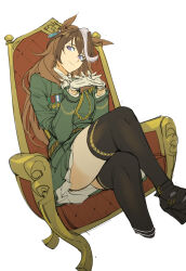Rule 34 | 1girl, absurdres, aiguillette, animal ears, ascot, belt, black thighhighs, brown belt, brown hair, chinese commentary, closed jacket, commentary request, crossed legs, dress shoes, earrings, epaulettes, feet out of frame, gloves, gold trim, green jacket, green skirt, hair between eyes, head tilt, highres, horse ears, horse girl, jacket, jewelry, light brown hair, long hair, looking at viewer, medal, own hands clasped, own hands together, purple eyes, ruukii drift, single earring, single epaulette, sitting, skirt, solo, symboli rudolf (umamusume), thighhighs, throne, umamusume, white ascot, white gloves