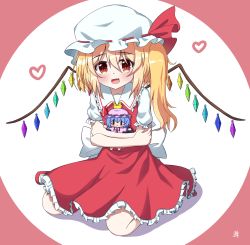 Rule 34 | absurdres, bad id, bad pixiv id, blouse, chaleu, collared dress, collared shirt, dress, flandre scarlet, hair between eyes, hat, highres, mob cap, pink background, pink hat, remilia scarlet, shirt, solo, tagme, touhou, white background, white hat, white shirt