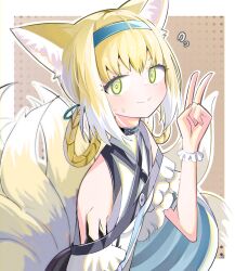 Rule 34 | 1girl, animal ear fluff, animal ears, arknights, bare shoulders, blonde hair, blue hairband, blush, braid, brown background, closed mouth, eyebrows hidden by hair, flying sweatdrops, fox ears, fox girl, fox tail, green eyes, hair rings, hairband, hand up, highres, kitsune, looking at viewer, multicolored hair, polka dot, polka dot background, shirt, smile, solo, spam (spamham4506), suzuran (arknights), sweat, tail, twin braids, two-tone background, two-tone hair, v, white background, white hair, white shirt