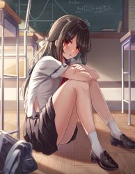 Rule 34 | 1girl, :o, arm rest, arms on knees, bag, bare legs, black hair, black skirt, blush, chalkboard, classroom, commission, desk, from side, hair ribbon, highres, indoors, knees up, loafers, long hair, looking at viewer, neckerchief, on floor, original, parted lips, pixiv commission, pleated skirt, red eyes, red neckerchief, ribbon, school bag, school uniform, serafuku, shirt, shoes, short sleeves, sidelocks, sira (user dswn7488), sitting, skirt, socks, solo, swept bangs, thighs, white ribbon, white shirt, white socks, wooden floor