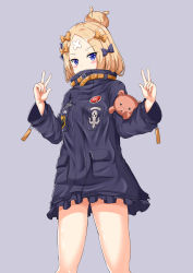Rule 34 | 1girl, abigail williams (fate), abigail williams (traveling outfit) (fate), absurdres, ainna (kekai), black bow, black jacket, blonde hair, blue eyes, blush, bow, commentary request, covered mouth, double v, fate/grand order, fate (series), hair bow, hair bun, highres, jacket, long hair, long sleeves, looking at viewer, hugging object, official alternate costume, orange bow, parted bangs, purple background, simple background, single hair bun, solo, standing, star (symbol), stuffed animal, stuffed toy, teddy bear, v, v-shaped eyebrows