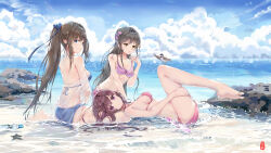 Rule 34 | 1274711628, 3girls, absurdres, barefoot, beach, bikini, bird, bird request, black hair, blue bikini, blue eyes, blue sky, bottle, breasts, brown hair, butt crack, chinese commentary, cleavage, closed mouth, cloud, commentary request, day, feet, from behind, from side, highres, long hair, looking at viewer, looking back, lying, medium breasts, multiple girls, ocean, on back, original, outdoors, parted lips, pink bikini, purple eyes, scenery, see-through, sitting, sky, smile, sparkle, starfish, swimsuit, water, water bottle, watermark, wet, yellow eyes