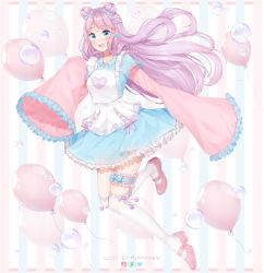 Rule 34 | 1girl, apron, artist name, balloon, blue blow, blue dress, blue eyes, bow, braid, bubble, commentary, commission, deviantart logo, double bun, dress, english commentary, full body, hair bun, heart, highres, instagram logo, kneehighs, long hair, long sleeves, looking at viewer, original, pink hair, pink ribbon, puppypaww, ribbon, sleeves past fingers, sleeves past wrists, smile, socks, solo, striped, striped background, twitter logo, white apron, white socks, wide sleeves