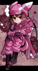 Rule 34 | 1girl, animal hat, bandana, black footwear, boots, brown background, brown eyes, brown hair, bullet line, bullpup, commentary request, cross-laced footwear, full body, gloves, gun, hat, highres, holding, holding gun, holding weapon, jacket, knee pads, lace-up boots, letterboxed, llenn (sao), long sleeves, looking to the side, p-chan (p90), p90, pants, personal defense weapon, pink bandana, pink gloves, pink hat, pink jacket, pink pants, rabbit hat, shiro (kiron), short hair, sidelocks, smile, solo, submachine gun, sword art online, sword art online alternative: gun gale online, trigger discipline, weapon
