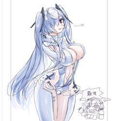 Rule 34 | 1girl, anger vein, angry, bodysuit, breasts, chibi, chibi inset, cinderella (nikke), cleavage cutout, clothing cutout, ex-mist, goddess of victory: nikke, hair over one eye, headgear, large breasts, long hair, navel cutout, one eye covered, parted lips, red eyes, scarlet (nikke), see-through, see-through skirt, sketch, skirt, smile, solo, twintails, very long hair, white bodysuit, white hair