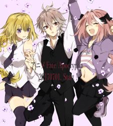 Rule 34 | 2boys, astolfo (fate), astolfo (memories at trifas) (fate), blonde hair, braid, breasts, closed eyes, fang, fate/apocrypha, fate (series), hair ribbon, jeanne d&#039;arc (fate), jeanne d&#039;arc (girl from orleans) (fate), jeanne d&#039;arc (ruler) (fate), long hair, male focus, momiji (00mmj00), multiple boys, official alternate costume, open mouth, pink hair, red eyes, ribbon, short hair, sieg (fate), single braid, skirt, smile, trap, white hair