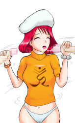 Rule 34 | 1girl, ace attorney, artist request, blush, capcom, censored, closed eyes, cum, cum in mouth, cum string, disembodied penis, double handjob, fellatio, handjob, hat, ini miney, navel, oral, panties, penis, red hair, simple background, underwear