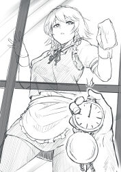 Rule 34 | 1girl, apron, baketsuya, bow, braid, breasts, cleaning, cleaning windows, collared shirt, cowboy shot, expressionless, frilled apron, frilled vest, frills, hair bow, highres, holding, holding pocket watch, izayoi sakuya, maid headdress, monochrome, neck ribbon, parted lips, pocket watch, pov, puffy short sleeves, puffy sleeves, rag, ribbon, romaji commentary, shirt, short hair, short sleeves, sketch, skirt, small breasts, solo focus, thighhighs, time stop, touhou, twin braids, vest, watch, window, wrist cuffs