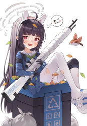 Rule 34 | 1girl, @ @, absurdres, ahoge, animal ears, black gloves, black hair, blue archive, blue serafuku, blue skirt, bolt action, bright pupils, fake animal ears, gloves, gun, halo, highres, leaf, leaf on head, long hair, long sleeves, looking at viewer, loyo, miyu (blue archive), open mouth, pantyhose, rabbit ears, red eyes, rifle, sailor collar, school uniform, serafuku, shoes, simple background, skirt, sneakers, solo, torn clothes, trash can, weapon, white background, white footwear, white pantyhose, white pupils, white sailor collar