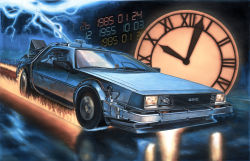 Rule 34 | 1955, 1985, back to the future, box art, burning, cable, car, clock, commentary request, delorean, fire, headlight, koizumi kazuaki production, lightning, motor vehicle, no humans, radio antenna, reflection, science fiction, signature, sports car, time machine, tire, vehicle focus, wheel, wire