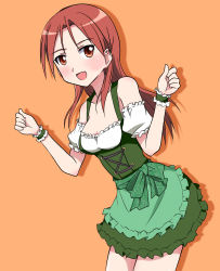 Rule 34 | 1girl, alternate costume, arms up, blush, bow, brown eyes, dirndl, german clothes, highres, kairakuen umenoka, leaning forward, looking at viewer, minna-dietlinde wilcke, red hair, simple background, smile, solo, strike witches, world witches series, wrist cuffs