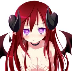 Rule 34 | 1girl, breasts, choker, cleavage, crying, crying with eyes open, demon girl, demon tail, demon wings, half body, horns, kuu (0427), large breasts, long hair, nude, original, pointy ears, purple eyes, red hair, solo, tail, tears, wings