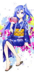 Rule 34 | 10s, 1girl, blue hair, floral print, hand fan, japanese clothes, kazanari tsubasa, kimono, obi, sabu (sabudenego), sandals, sash, senki zesshou symphogear, side ponytail, solo, yukata