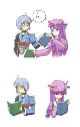 Rule 34 | 1boy, 1girl, ahoge, blue bow, blue ribbon, book, bow, choker, crescent, crescent hair ornament, dress, eyebrows, frilled dress, frilled sleeves, frills, glasses, hair bow, hair ornament, hair ribbon, hat, hat ribbon, long hair, long sleeves, morichika rinnosuke, open book, pajamas, patchouli knowledge, purple eyes, purple hair, reading, red bow, red ribbon, ribbon, sayama yoshiki, short hair, speech bubble, touhou, very long hair