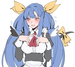 Rule 34 | 1girl, angel wings, apron, arc system works, artist name, asymmetrical wings, blue hair, blush, collared dress, dizzy (guilty gear), dress, frills, guilty gear, hair ribbon, kyou (ningiou), maid, maid apron, necktie, open mouth, red eyes, ribbon, shy, simple background, solo, tail, tail ornament, tail ribbon, twintails, twitter username, white apron, white background, white ribbon, wings, yellow ribbon