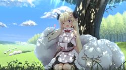Rule 34 | 1girl, ;d, ahoge, blonde hair, blue sky, blush, breasts, cloud, cloudy sky, commentary request, dappled sunlight, day, detached sleeves, dress, field, forest, grass, hair between eyes, hair ornament, hairclip, heart, highres, hololive, horns, large breasts, long hair, looking at another, meadow, medium breasts, mizunashi (second run), nature, one eye closed, open mouth, outdoors, purple eyes, shadow, sheep, sheep girl, sheep horns, sitting, sky, smile, sunlight, tree, tree shade, tsunomaki watame, tsunomaki watame (1st costume), under tree, virtual youtuber, wariza, white dress