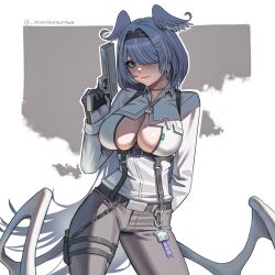 Rule 34 | 1girl, absurdres, black headband, blue hair, breasts, choker, cleavage, cleavage cutout, clothing cutout, collared shirt, elira pendora, elira pendora (4th costume), gun, hair ornament, hair over one eye, hairband, hairclip, hairpin, head wings, headband, highres, holding, holding gun, holding weapon, large breasts, looking at viewer, nijisanji, nijisanji en, official alternate costume, seventeencrows, shirt, simple background, smile, solo, virtual youtuber, weapon, white shirt, wings