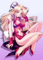 Rule 34 | 00s, 1girl, bare legs, blonde hair, blush, bracelet, breasts, broccoli (company), china dress, chinese clothes, cleavage cutout, clothing cutout, dress, facial mark, finger to mouth, forehead mark, galaxy angel, gloves, gradient background, high heels, impossible clothes, jewelry, large breasts, long hair, looking at viewer, navel cutout, pelvic curtain, ranpha franboise, red footwear, shadow, shoes, side slit, simple background, solo, very long hair, yellow eyes