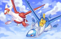 Rule 34 | :d, claws, closed mouth, cloud, commentary request, creatures (company), dated, day, flying, game freak, gen 1 pokemon, gen 3 pokemon, highres, latias, latios, legendary pokemon, nintendo, no humans, open mouth, outdoors, pikachu, pokemon, pokemon (creature), red eyes, riding, riding pokemon, shina ppp, sky, smile, tongue, yellow eyes