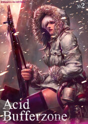 Rule 34 | 1girl, acid bufferzone, angelina (acid bufferzone), coat, fur coat, fur trim, gun, ito masahiro, night, official art, original, rifle, snow, snowing, storm, weapon