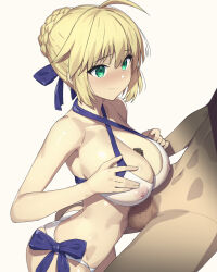 Rule 34 | 1boy, 1girl, ahoge, alternate breast size, artoria pendragon (all), artoria pendragon (fate), bikini, blonde hair, blush, braid, braided bun, breasts, breasts squeezed together, censored, commentary request, covered erect nipples, fate/stay night, fate (series), green eyes, hair bun, happy sex, hetero, large breasts, mosaic censoring, munashi mujou, paizuri, paizuri under clothes, penis, saber (fate), see-through, short hair, simple background, smile, solo focus, swimsuit, testicles, white background, white bikini