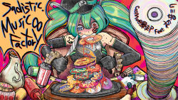 Rule 34 | 1girl, aqua hair, arrow (projectile), bare shoulders, black gloves, black shirt, blue eyes, can, cd, chair, commentary, cosmo (bousoup), drink can, eating, elbow gloves, facial tattoo, fork, furrowed brow, gears, gloves, hat, hatsune miku, headset, heterochromia, holding, holding fork, holding knife, jug (bottle), ketchup, ketchup bottle, knife, mouth hold, mustard, mustard bottle, red eyes, sadistic music factory (vocaloid), salt, salt shaker, shirt, sitting, soda can, solo, song name, sweat, symbol-shaped pupils, tattoo, tray, twintails, upper body, vocaloid
