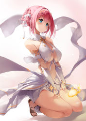 Rule 34 | 1girl, absurdres, asalilysuke, bare shoulders, blouse, blue eyes, blush, braid, breasts, cleavage cutout, clothing cutout, hair between eyes, hair ornament, hairband, highres, large breasts, looking at viewer, pink hair, princess connect!, puffy sleeves, shirt, short hair, simple background, smile, solo, white background, yui (ceremonial) (princess connect!), yui (princess connect!)