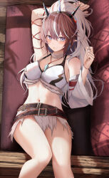 Rule 34 | 1girl, arknights, arm behind head, arm up, armpits, bare shoulders, belt, black belt, blue eyes, blush, breasts, brown hair, choker, crop top, detached sleeves, feet out of frame, hair between eyes, halterneck, hand up, highres, horns, jewelry, kirin (armor), kirin r yato (arknights), legs, long hair, long sleeves, looking at viewer, lying, medium breasts, midriff, miniskirt, mole, mole under eye, monster hunter (series), multicolored hair, navel, necklace, on back, parted lips, pointy ears, revision, ru zhai, single sleeve, skirt, sleeveless, solo, stomach, streaked hair, thighs, torn clothes, torn skirt, white choker, white skirt, white sleeves, yato (arknights)