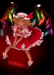 Rule 34 | 1girl, ascot, black background, blonde hair, crystal, dark, dutch angle, flandre scarlet, frilled skirt, frills, full body, glowing, hat, hat ribbon, highres, hina (meru-yagami), laevatein, looking up, magic circle, mary janes, mob cap, puffy sleeves, red eyes, ribbon, sash, shirt, shoes, short sleeves, side ponytail, simple background, skirt, skirt set, smile, socks, solo, touhou, vest, white socks, wings, wrist cuffs