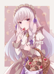 Rule 34 | 1girl, apron, basket, commentary request, cookie, dress, fire emblem, fire emblem: three houses, fire emblem heroes, food, grey apron, grey hair, hair ribbon, hand up, highres, holding, holding food, juliet sleeves, long hair, long sleeves, looking at viewer, lysithea von ordelia, maid headdress, nintendo, official alternate costume, official alternate hairstyle, puffy sleeves, purple eyes, purple ribbon, ribbon, solo, upper body, white dress, yutohiroya