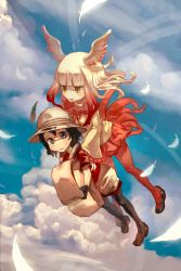 Rule 34 | 10s, 2girls, backpack, bag, black footwear, black legwear, blunt bangs, blush, brown footwear, bucket hat, cloud, day, empty eyes, feather-trimmed sleeves, feathers, flying, hat, hat feather, head wings, highres, holding, japanese crested ibis (kemono friends), kaban (kemono friends), kemono friends, marimoppoi, multiple girls, no nose, pantyhose, pleated skirt, red legwear, red shirt, red skirt, shirt, shorts, skirt, smile, t-shirt, white shorts, wings