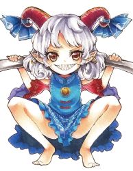 Rule 34 | 1girl, blue dress, commentary request, curly hair, detached sleeves, dress, earrings, eye print, highres, horizontal pupils, horn ornament, horn ribbon, horns, jewelry, looking at viewer, meandros, oversized object, patterned clothing, pointy ears, rectangular pupils, red eyes, red horns, red sleeves, ribbon, sharp teeth, sheep horns, simple background, solo, squatting, tatuhiro, teeth, touhou, toutetsu yuuma, traditional media, utensil, white background, white hair