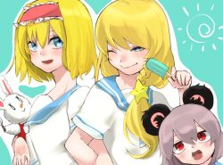 Rule 34 | 3girls, alice margatroid, animal ears, blonde hair, blue background, blue eyes, braid, closed mouth, commentary request, cookie (touhou), cowboy shot, dare who zzzz, food, frilled hairband, frills, hair ornament, hairband, ichigo (cookie), kirisame marisa, locked arms, long hair, looking at viewer, looking to the side, mouse ears, mouse girl, multiple girls, nazrin, nyon (cookie), one eye closed, open mouth, popsicle, red eyes, red hairband, school uniform, serafuku, short hair, short sleeves, side braid, single braid, smile, star (symbol), star hair ornament, stuffed animal, stuffed rabbit, stuffed toy, suzu (cookie), touhou, unusually open eyes
