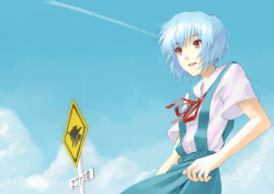 Rule 34 | 1girl, 2h5roa, ayanami rei, blue hair, cloud, contrail, day, neon genesis evangelion, non-web source, red eyes, road sign, school uniform, short hair, sign, sky, solo, translated, wind