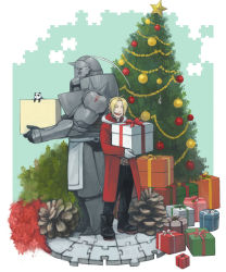 Rule 34 | alphonse elric, animal, armor, bad id, bad pixiv id, blonde hair, christmas, christmas tree, cloak, coat, edward elric, envy (fma), closed eyes, faux figurine, fullmetal alchemist, gift, highres, holding, holding gift, hood, mukuo, open mouth, panda, smile, star (symbol), xiao-mei