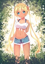 Rule 34 | 1girl, artist name, bikini, bikini tan, blend s, blonde hair, blouse, blue bikini, blue eyes, blue shorts, blush, breasts, collarbone, commentary request, crop top, dated, day, denim, denim shorts, flower, hair between eyes, hair flower, hair ornament, head tilt, highres, hinata kaho, long hair, looking at viewer, medium breasts, navel, off-shoulder shirt, off shoulder, open fly, open mouth, outdoors, parted lips, shirt, short shorts, short sleeves, shorts, signature, solo, standing, swimsuit, tan, tanline, taut clothes, taut shirt, tied shirt, twintails, very long hair, violetsang, white shirt