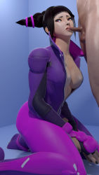 Rule 34 | 1boy, 1girl, 20s, 3d, artist name, black hair, blender (medium), blue background, blunt bangs, bodysuit, breasts, capcom, catsuit, cleavage, clothed female nude male, disappointed, dpmaker, drill hair, erection, face, fellatio, fingerless gloves, gloves, han juri, hetero, high collar, highres, kneeling, large breasts, looking away, multicolored bodysuit, multicolored clothes, nail polish, nude, oral, padded gloves, penis, pink bodysuit, pink eyes, purple bodysuit, sad, short hair, sidelocks, simple background, small penis, solo focus, standing, street fighter, street fighter v, testicles, twin drills, uncensored, unzipped, zipper