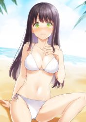 Rule 34 | 1girl, arm support, beach, bikini, black hair, blush, breasts, collarbone, commission, day, frown, green eyes, hand on own chest, hand up, highres, knee up, koto (colorcube), long hair, looking at viewer, medium breasts, navel, ocean, on ground, original, outdoors, palm tree, pixiv commission, side-tie bikini bottom, sidelocks, sitting, solo, swimsuit, tearing up, tree, white bikini