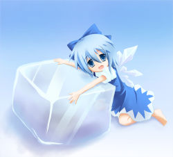 Rule 34 | 1girl, bad id, bad pixiv id, barefoot, blue eyes, blue hair, bow, cirno, fang, ice, ice cube, manahui, matching hair/eyes, open mouth, short hair, solo, embodiment of scarlet devil, touhou, wings