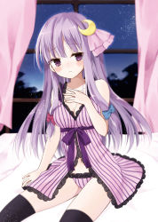 Rule 34 | 1girl, babydoll, bare arms, bare shoulders, black thighhighs, blush, breasts, cleavage, collarbone, crescent, curtains, hair ornament, hair ribbon, hand on own chest, long hair, looking at viewer, midriff, navel, night, panties, patchouli knowledge, purin jiisan, purple hair, purple panties, ribbon, sitting, sky, solo, star (sky), starry sky, striped clothes, striped panties, tears, thighhighs, touhou, tress ribbon, underwear, vertical-striped clothes, vertical-striped panties, very long hair, window