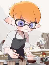 Rule 34 | 1boy, amedama 893, apron, baking sheet, black apron, blue eyes, blush, bowl, chocolate, closed mouth, commentary request, dot nose, eating, glass, highres, holding, holding spoon, indoors, inkling, inkling boy, inkling player character, kitchen, nintendo, orange hair, pointy ears, short hair, smallfry (splatoon), solo, splatoon (series), splatoon 3, spoon, standing, sweat, sweater, white sweater, wooden spoon