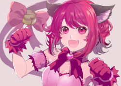 Rule 34 | 1girl, acoco kaicyan, animal ears, armpits, bow, breasts, cat ears, cat girl, cat tail, dress, fang, gloves, magical girl, medium breasts, momomiya ichigo, open mouth, paw pose, pink dress, pink eyes, pink hair, solo, tail, tokyo mew mew, upper body