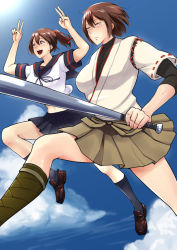Rule 34 | 2girls, arms up, bare legs, baseball bat, bifidus, blue sky, breasts, brown eyes, brown hair, cloud, commentary request, cosplay, day, double v, fubuki (kancolle) (cosplay), fubuki (kancolle), hair ribbon, hyuuga (kancolle), ise (kancolle), japanese clothes, jumping, kantai collection, large breasts, midriff, multiple girls, navel, open mouth, pleated skirt, ponytail, ribbon, sailor collar, school uniform, serafuku, shoes, short hair, short sleeves, skirt, sky, smile, undershirt, v