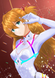1girl, absurdres, artist request, blue eyes, breasts, brown hair, evangelion: 3.0+1.0 thrice upon a time, hand in hair, highres, long hair, looking at viewer, neon genesis evangelion, plugsuit, rebuild of evangelion, simple background, solo, soryu asuka langley, twintails