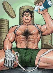 Rule 34 | 1boy, abs, armpit hair, armpits, avatar legends, bara, black hair, blake alexander, bolin, bottle, boxers, bulge, chest hair, green eyes, green male underwear, hairy, highres, holding, holding bottle, large pectorals, leg hair, looking at viewer, male focus, male underwear, muscular, muscular male, navel, navel hair, nipples, aged up, paid reward available, pectorals, pouring, pouring onto self, paid reward available, short hair, solo, spread legs, stomach, the legend of korra, thick eyebrows, thick thighs, thighs, underwear, underwear only, wet