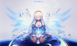Rule 34 | 1girl, 903506307, black thighhighs, blue dress, blue footwear, blue wings, boots, closed eyes, crescent, cupping hands, detached sleeves, detached wings, diamond (shape), dress, elsword, english text, glowing, highres, long hair, luciela r. sourcream, own hands together, pointy ears, reflection, sitting, solo, text focus, thighhighs, tiara, wariza, water drop, white hair, wings