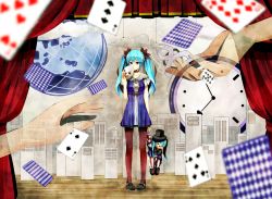 Rule 34 | 1girl, blue eyes, blue hair, card, choker, curtains, doll, dress, floating card, hatsune miku, highres, karakuri pierrot (vocaloid), long hair, mary janes, mask, matching hair/eyes, pantyhose, pigeon-toed, pocket watch, shoes, solo, stage, twintails, vocaloid, watch, yache