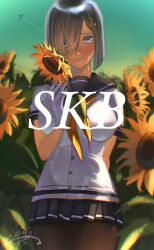 Rule 34 | 1girl, aircraft, airplane, aupt31, black pantyhose, blue eyes, blue sky, breasts, commentary request, commission, contrail, day, eyes visible through hair, flower, grey hair, grey sailor collar, grey skirt, hair ornament, hair over one eye, hairclip, hamakaze (kancolle), highres, holding, holding flower, kantai collection, large breasts, neckerchief, outdoors, pantyhose, pleated skirt, sailor collar, school uniform, serafuku, short hair, signature, skeb commission, skirt, sky, solo, sunflower, upper body, yellow neckerchief