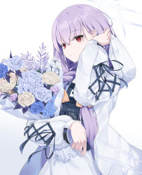 Rule 34 | 1girl, atsuko (blue archive), blue archive, bouquet, braid, closed mouth, commentary, dress, flak jacket, flower, hair ribbon, halo, highres, holding, holding bouquet, hood, hood down, jacket, light smile, long sleeves, looking at viewer, low twin braids, mkldragon, purple hair, red eyes, ribbon, simple background, solo, twin braids, upper body, white background, white dress, white hood, white jacket, yellow ribbon