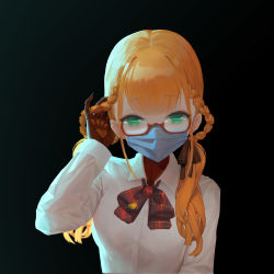 Rule 34 | absurdres, adjusting hair, ak4t, andou inari, andou inari official, backlighting, black background, bow, bowtie, braid, breasts, brown gloves, brown ribbon, glasses, gloves, green eyes, hair ribbon, highres, long hair, long sleeves, looking at viewer, low twintails, mask, mouth mask, nijisanji, orange hair, paw print palms, plaid, plaid bow, plaid bowtie, red-framed eyewear, ribbon, shirt, solo, surgical mask, twin braids, twintails, upper body, virtual youtuber, virtuareal, white shirt